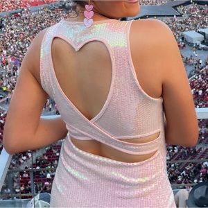TAYLOR SWIFT ERAS TOUR LOVER PINK SEQUIN HEART CUT OUT MINI DRESS